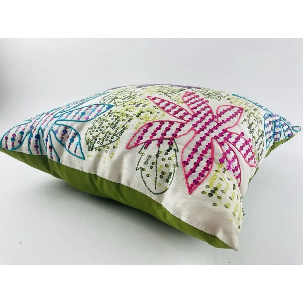 Pier 1 One Floral Leaf Pillow Sequined Square Purple Pink Green Zip Beach Seawee